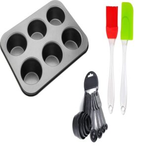 6 Slot Carbon Steel Muffin Tray with 8pcs Measuring Cup-Spoon Set and Silicon Spatula-Brush Set promax.pk