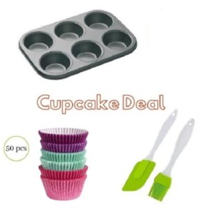 Best Cupcake Deal- 6 Cupcake tray Muffin Baking Tray+ Cupcake Muffin Paper Liners 50 Pcs Multicolor+ Non Stick Spatula and Oiling Brush promax.pk