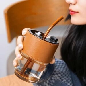 Glass Coffee Mug with Straw Coffee Cup with Leather Sleeve Mugs Promax.pk