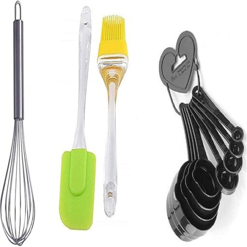 Baking Tools Combo of 2 Pieces Silicon Spatula-Brush Set, 1 Stainless Steel Egg BeaterWhisker and 8 Pieces Measuring Cup, Spoon Set promax.pk