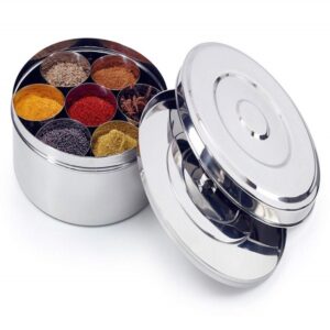 Stainless Steel Double Lid Spice Box, Masala Container for Kitchen, Steel Masala Boxes for Kitchen, 7 spice masala box promax.pk